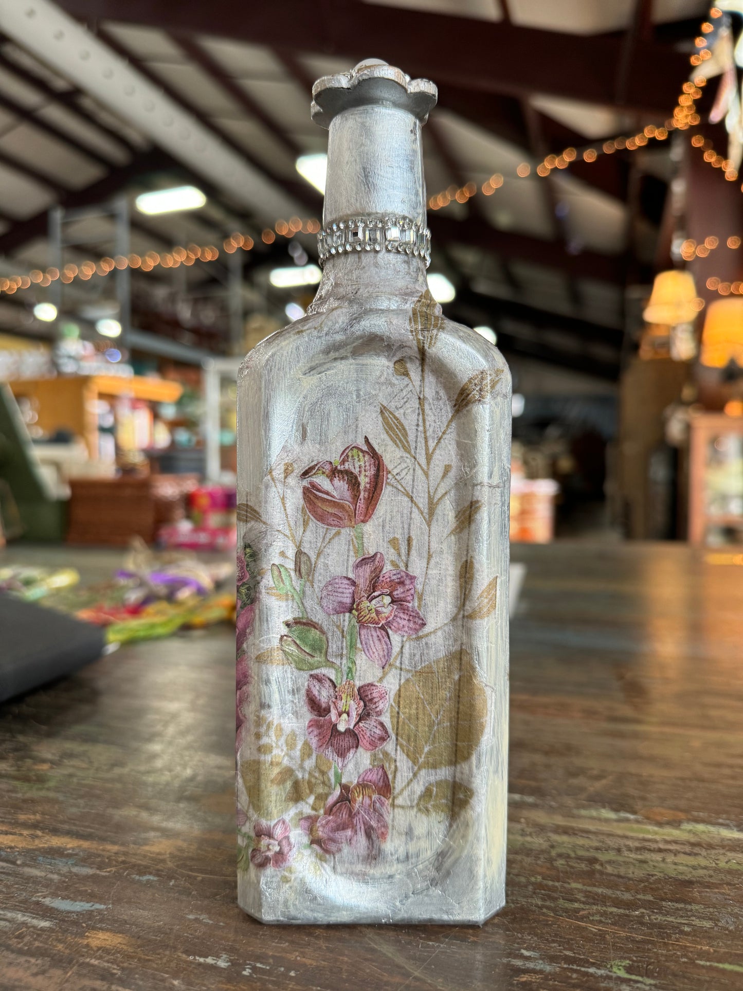 Birds & Branches Floral Silver & Sparkle Upcycled Glass Bottle Decor by local artist, Glitter & Gold