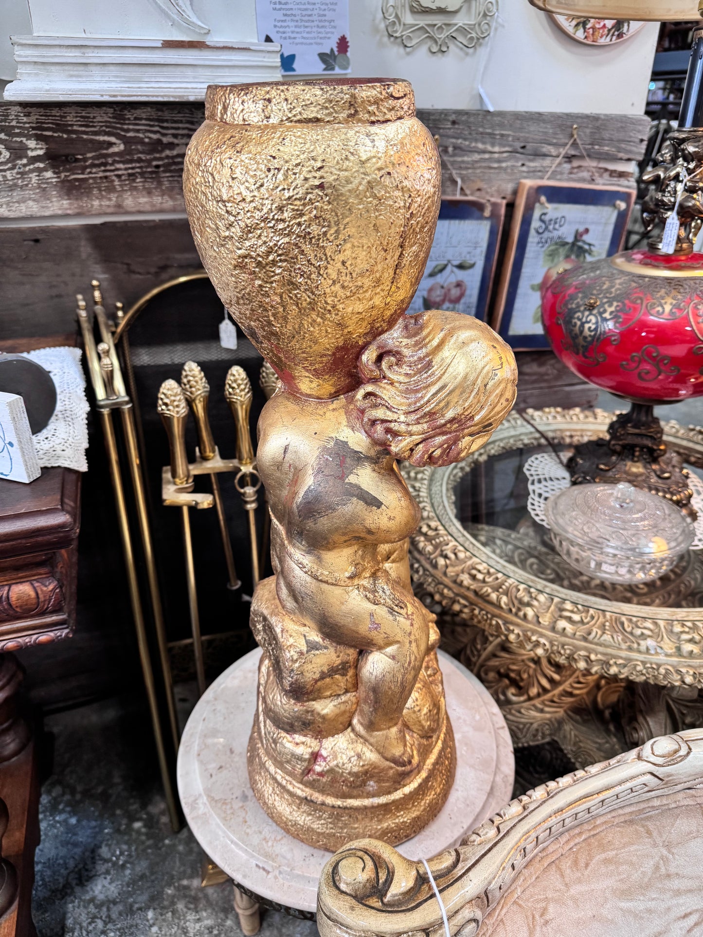 Vintage Plaster Gilded Cherub Planter