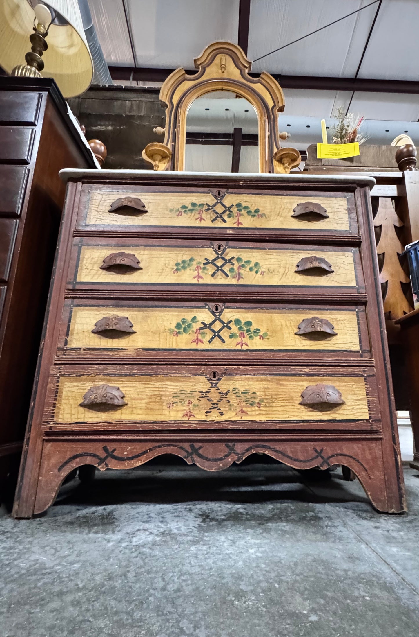 Vintage Cottage Style Painted Dresser with Marble Top & Mirror