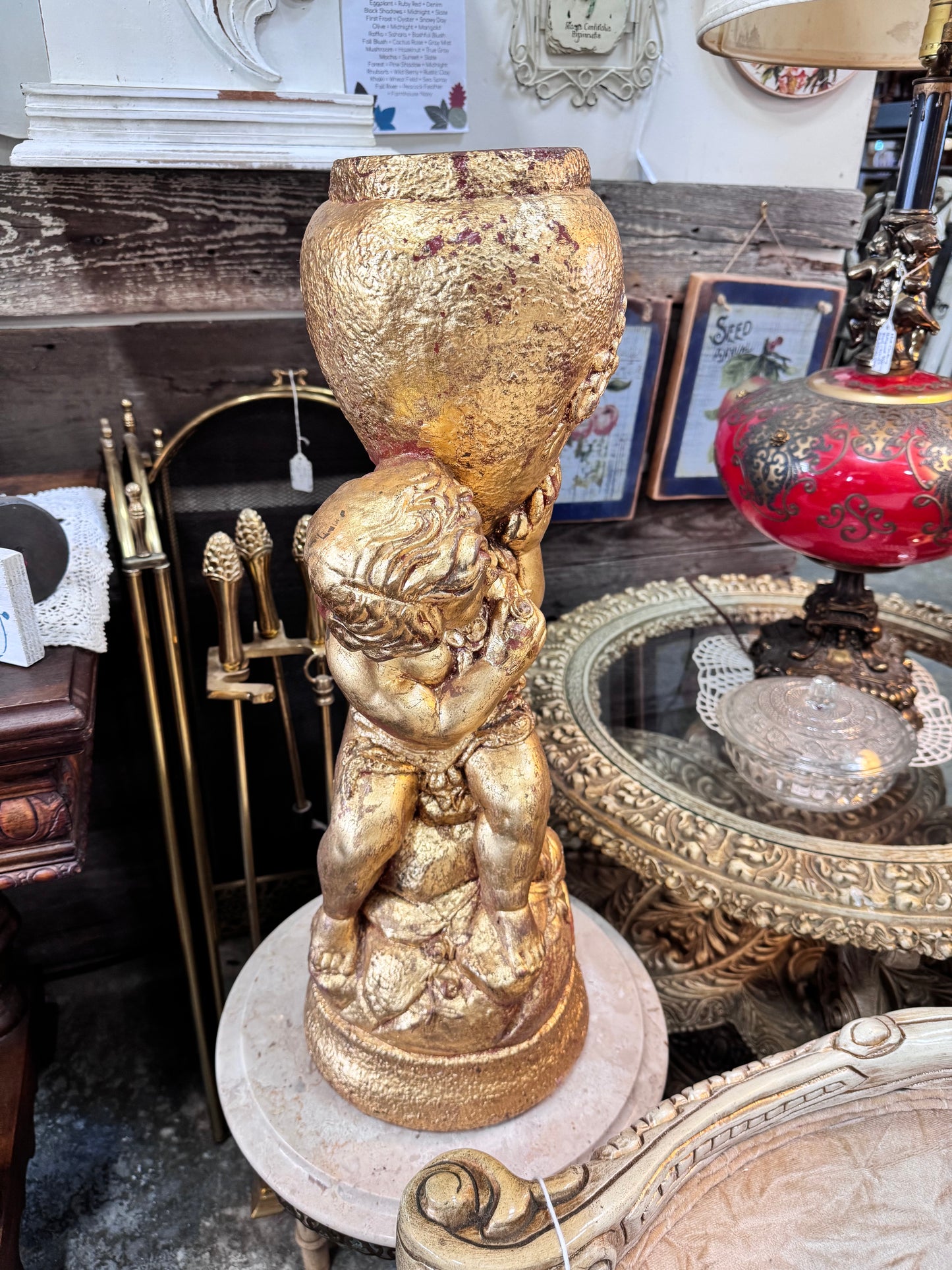 Vintage Plaster Gilded Cherub Planter