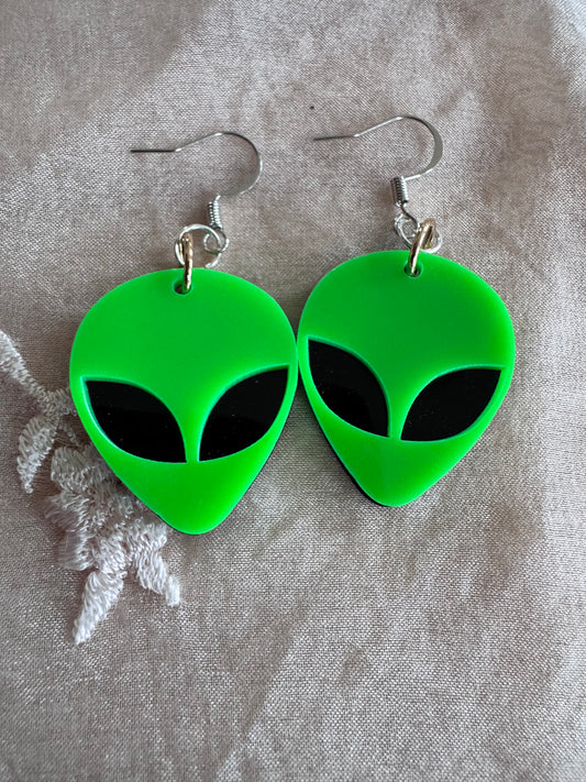 Green Alien Face Earrings