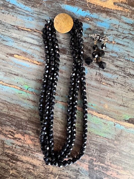 Black Faceted Triple Strand Bead Necklace & Earrings