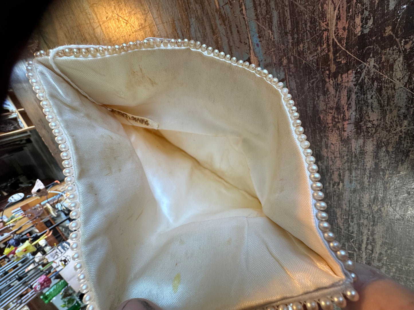 Vintage Ivory Sequin Clutch w/ White and Champagne Pearls