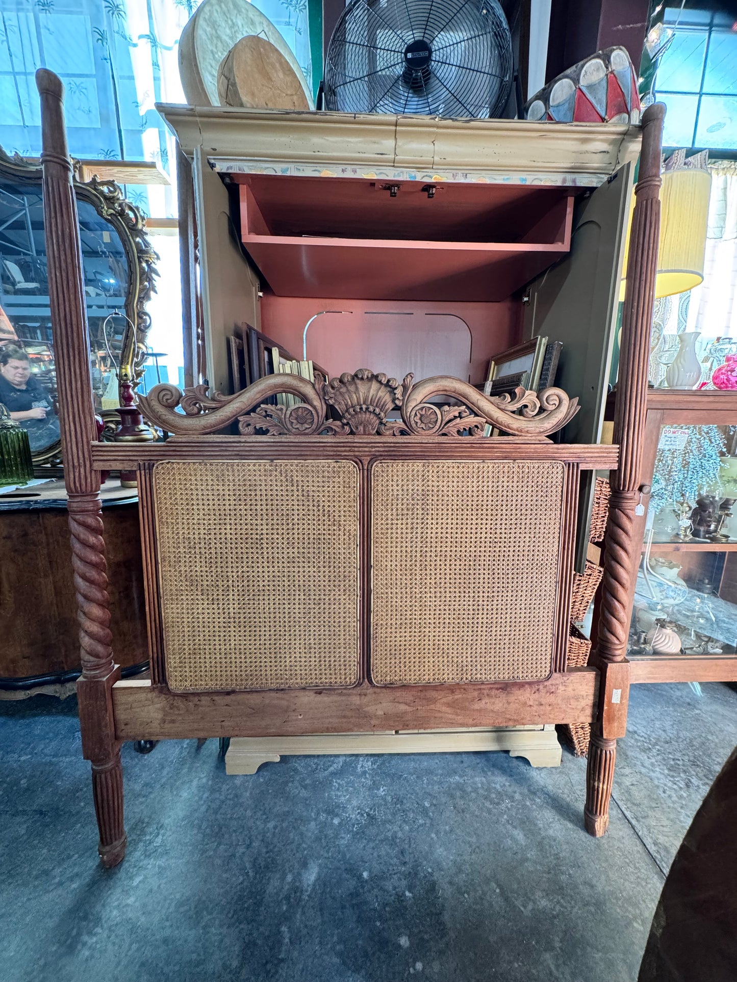 Queen Size Cane Inset Carved Wood Poster Headboard