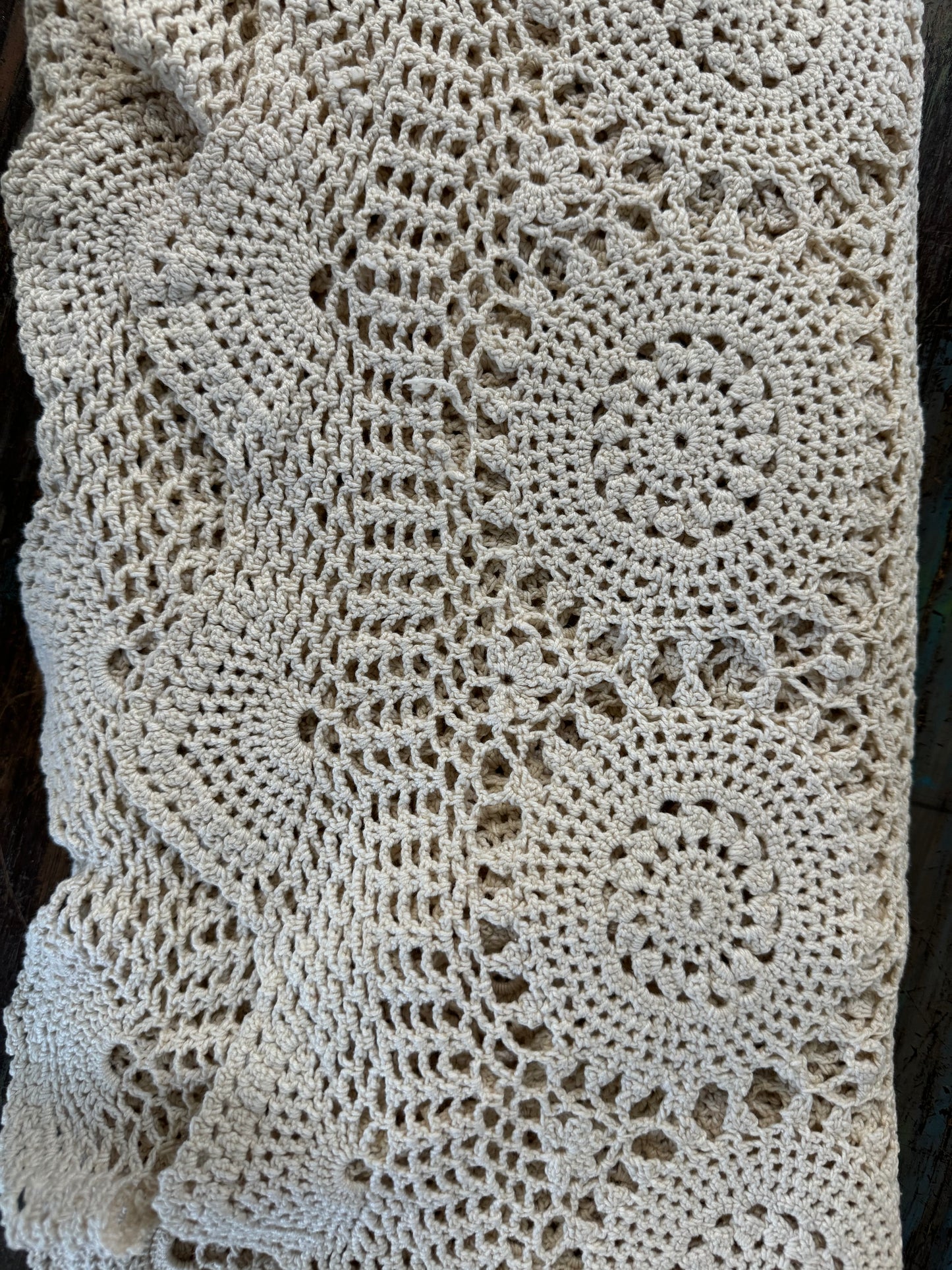 Hand Crocheted Vintage Ecru Round Table Cloth