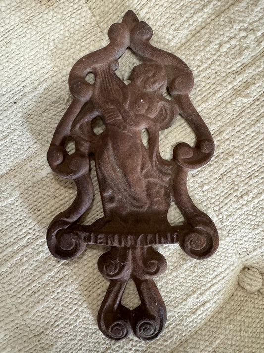 Antique Jenny Linde 10" Flat Cast Iron Trivet Goddess Euterpe with harp