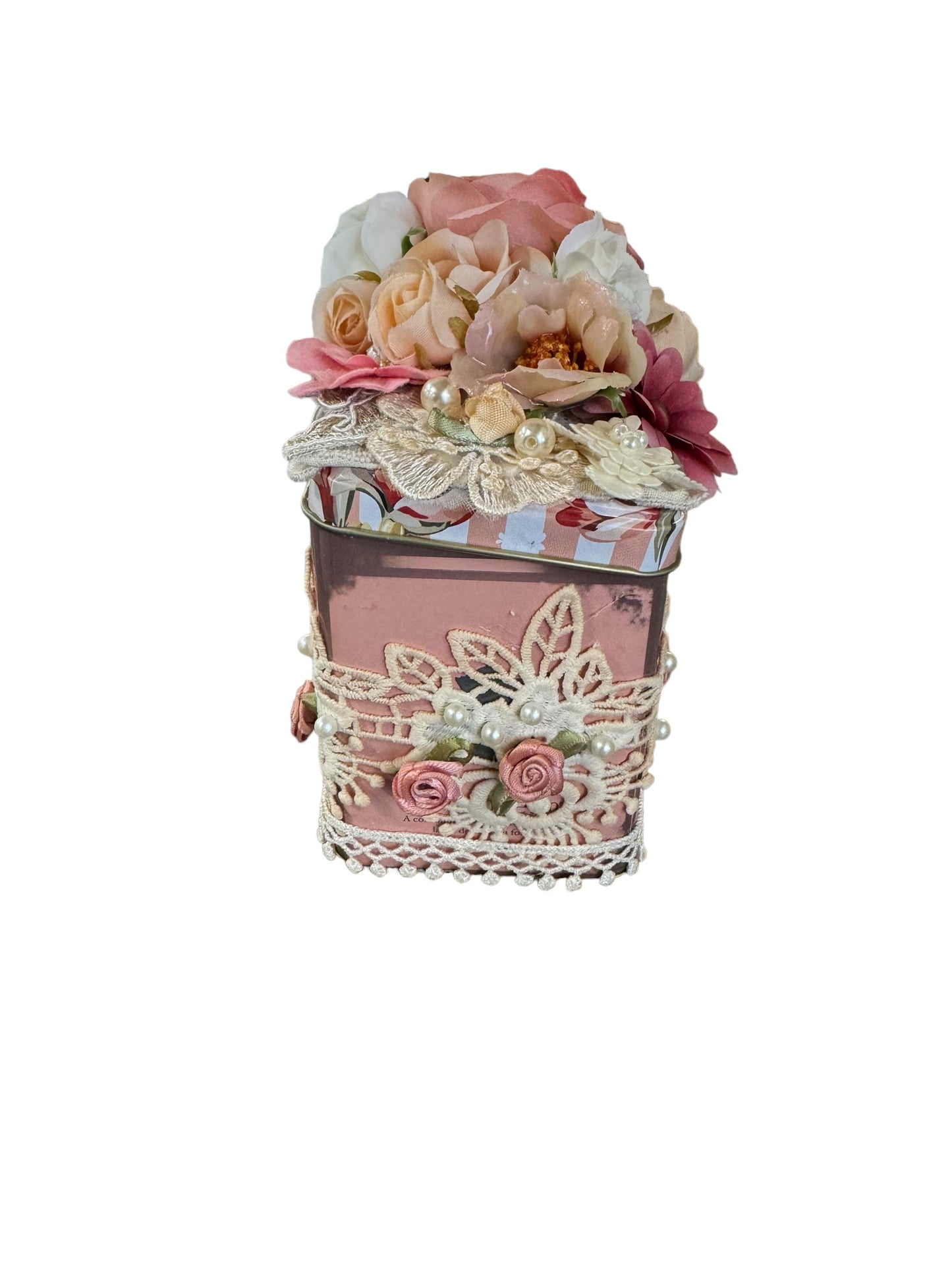 Upcycled Tea Tin - Pink and Cream Florals, Lace and Pearls