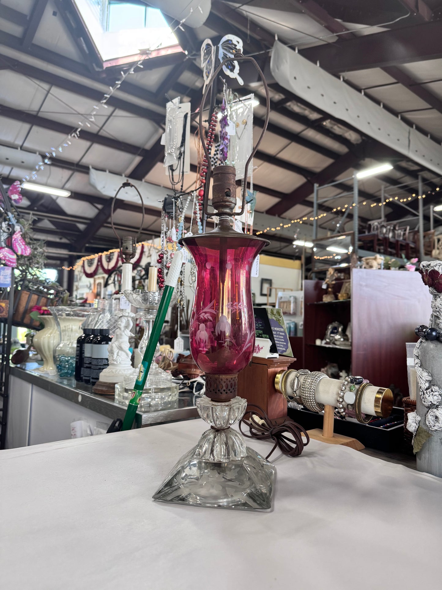 Vintage Bohemian Style Cranberry Floral Etched Table Lamp