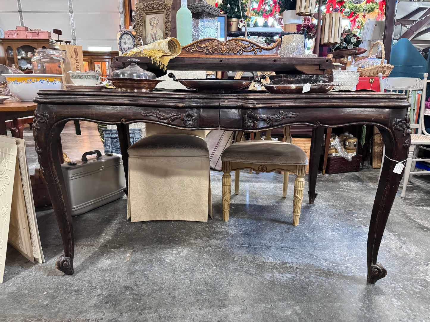 Carved and Inlaid French Rococco Style Dining Table with Leaf