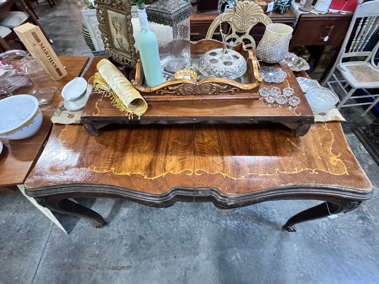 Carved and Inlaid French Rococco Style Dining Table with Leaf