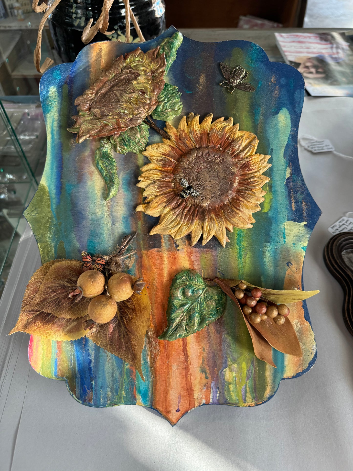 Sunflower Watercolor Wall Hangar Art by loal artist, Glitter & Gold