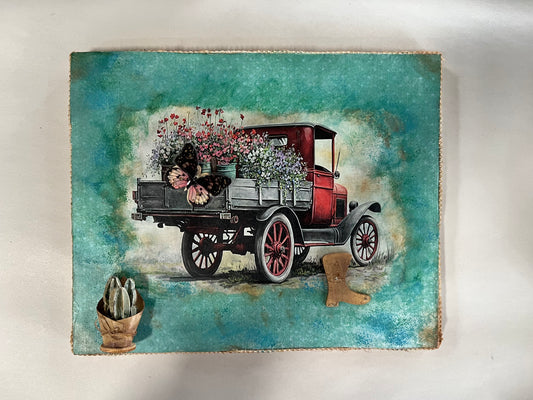 Handcrafted Model A Truck with Flowers, Butterflies and a Boot on canvas