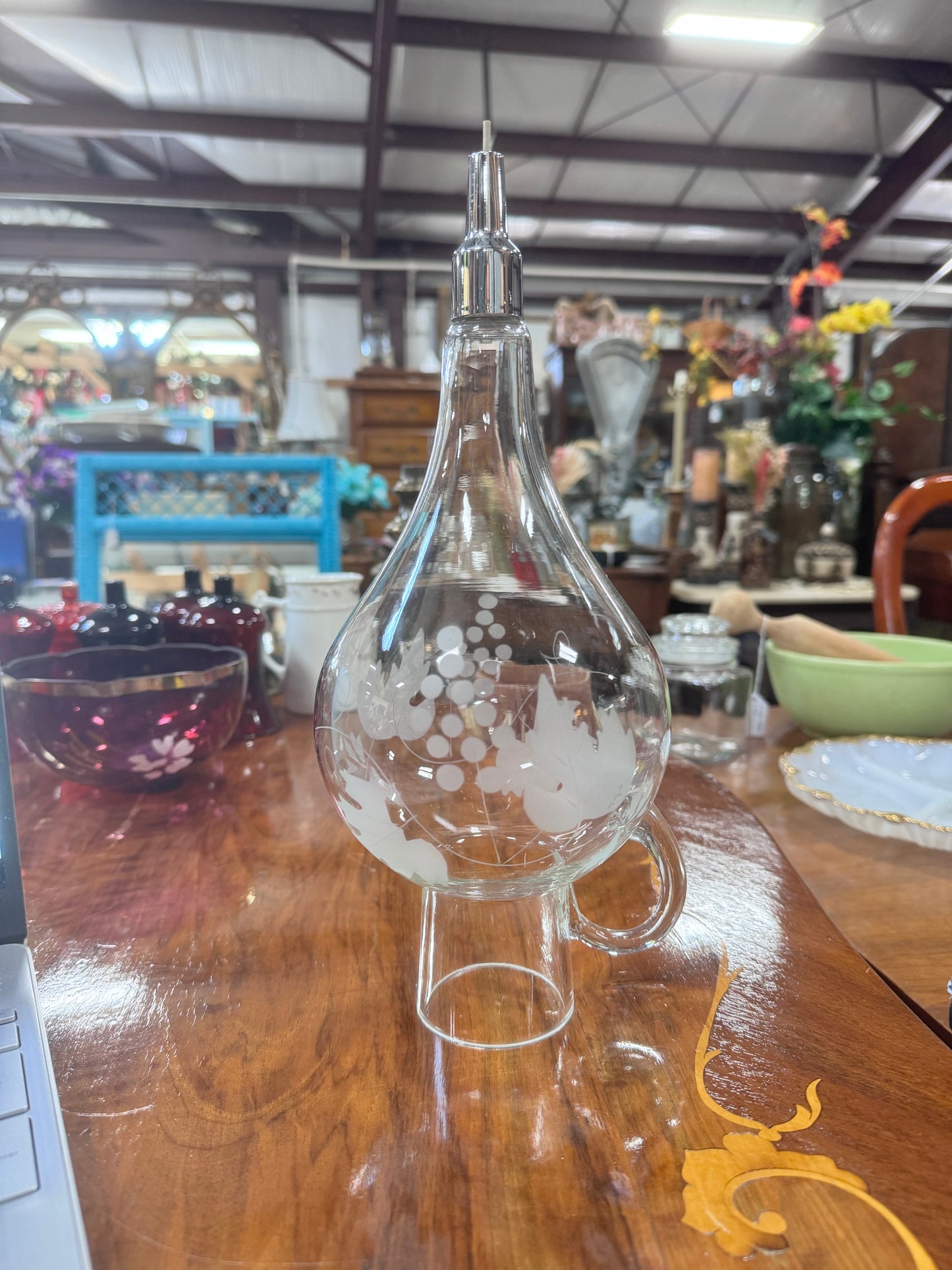Vintage Winery Test Dispenser Optic Cut Glass Grapes and Leaves