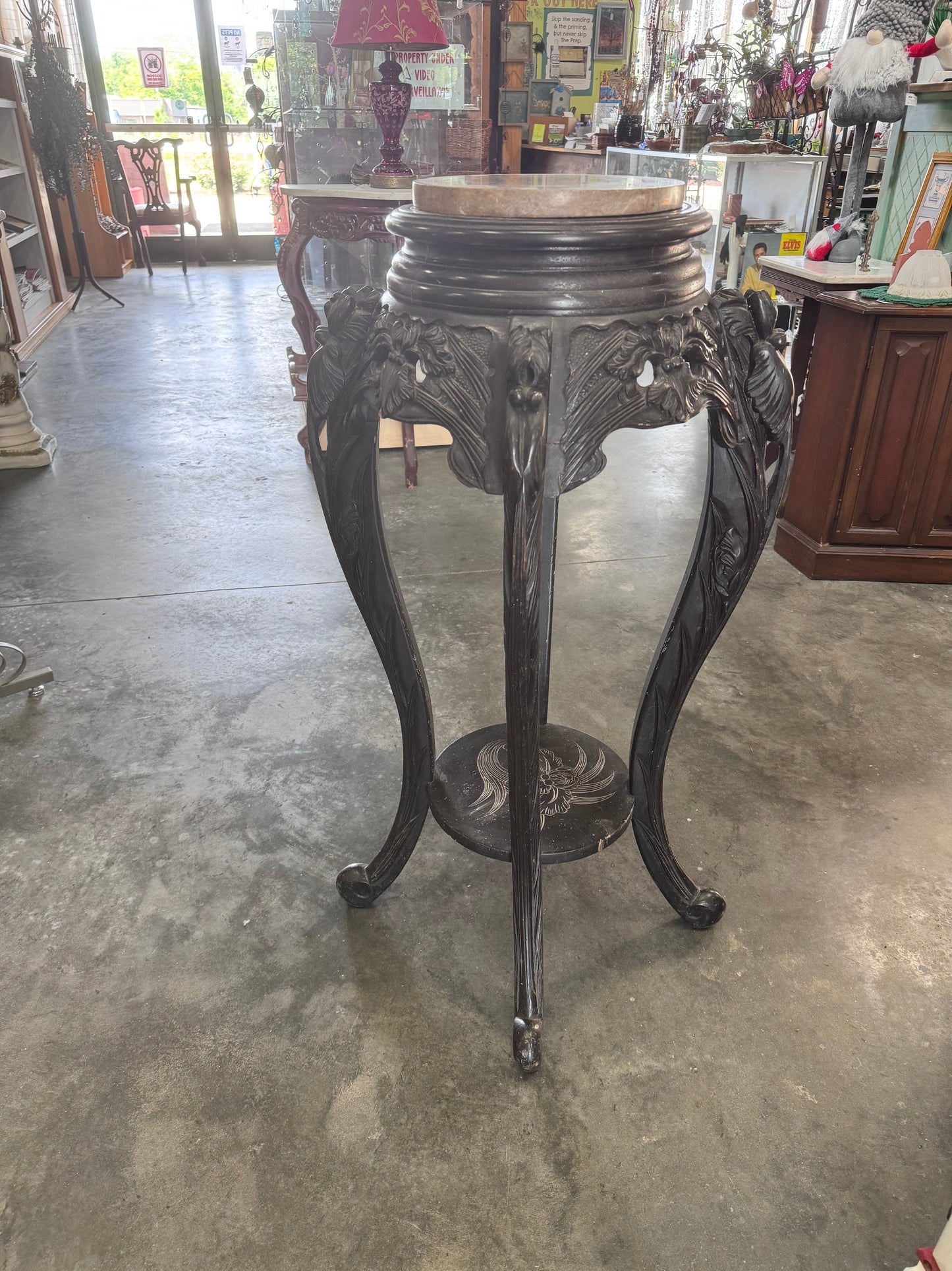 Antique Ebonized Carved Wooden Plant Stand