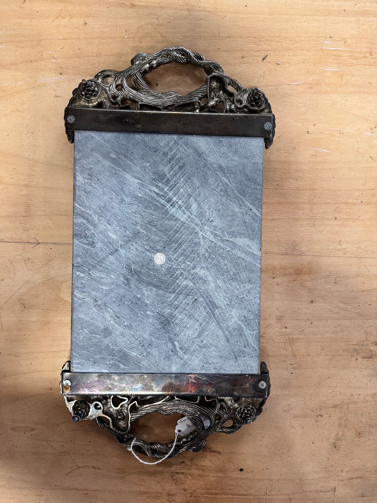 Vintage Godinger Green Marble Cheese Tray w/ Silver Plater Grapevine Handles