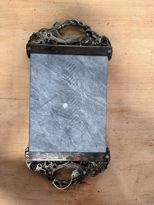 Vintage Godinger Green Marble Cheese Tray w/ Silver Plater Grapevine Handles