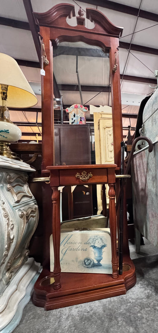 Vintage Pulaski Cherry Wood Mirrored Hall Tree