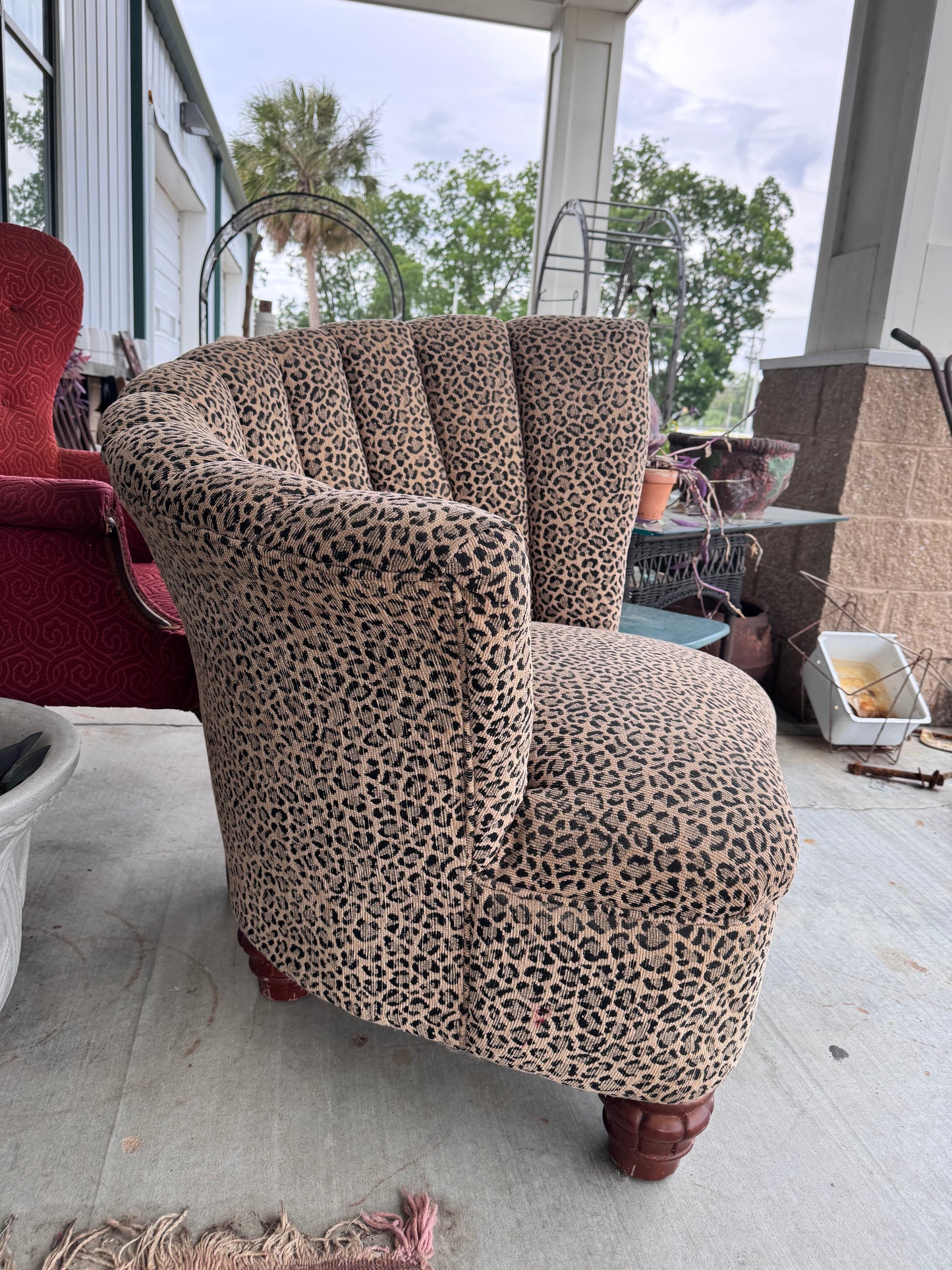 Vintage Hollywood Regency Asymmetrical Channel Back Leopard Print Upholstered Chair