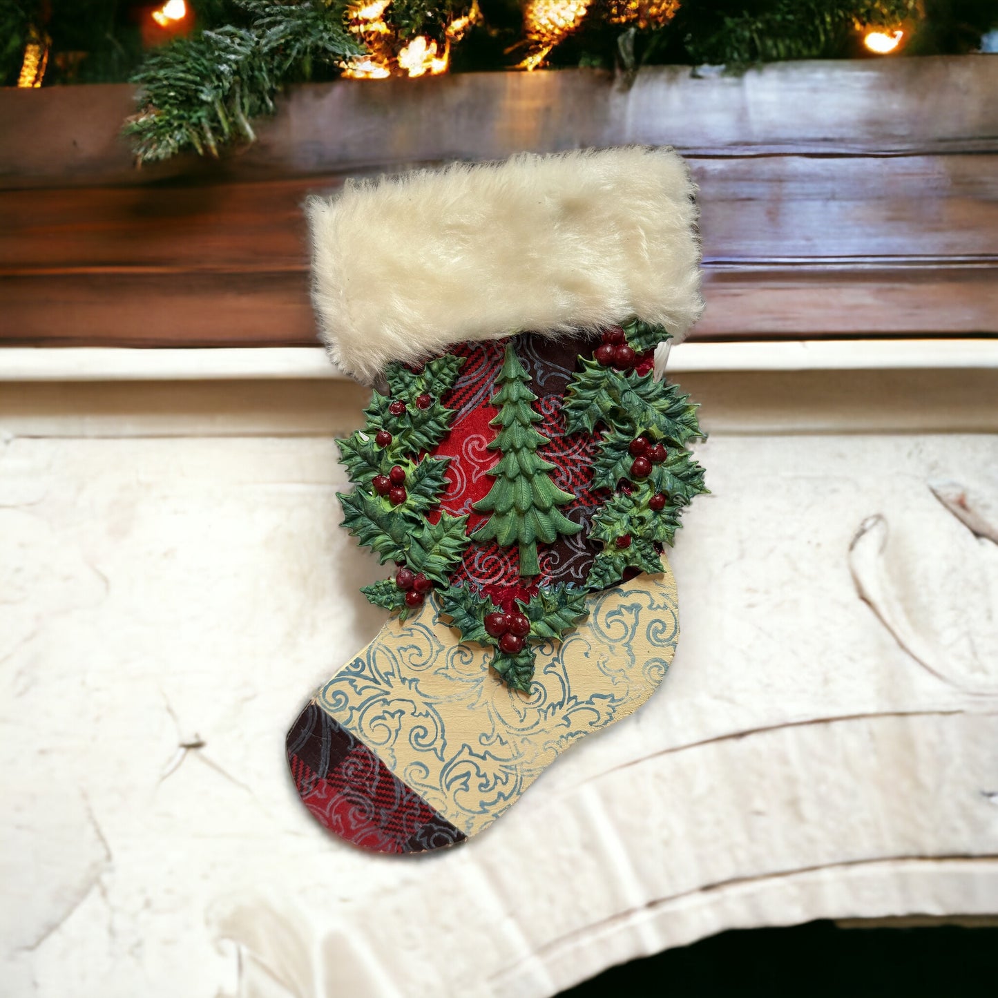 Wooden Christmas Stocking Buffalo Plaid Holly & Tree