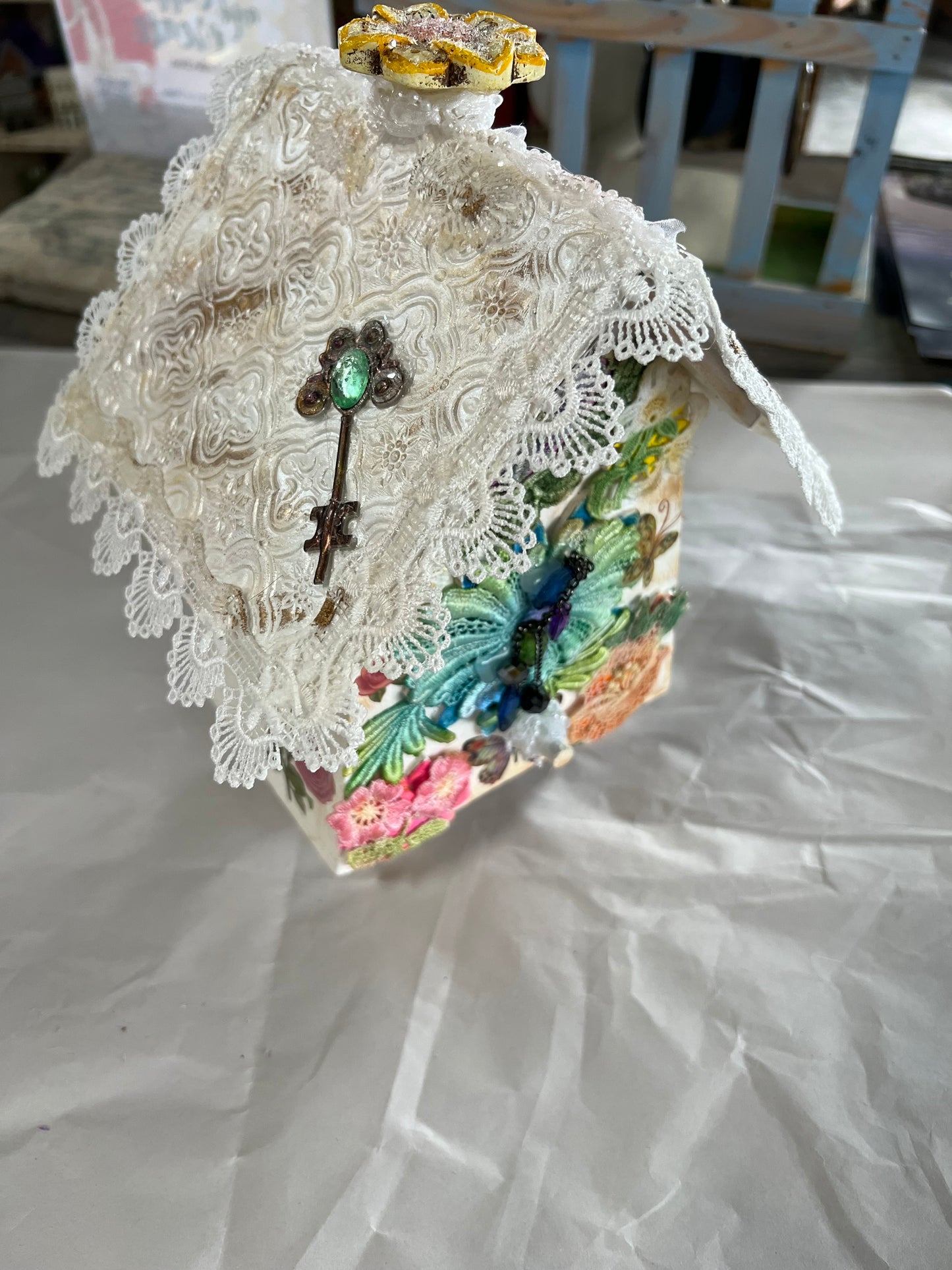 Handcrafted Wooden Birdhouse with Lace and Florals