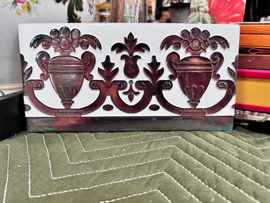 Vintage White Ceramic Tile w/ Copper Urns