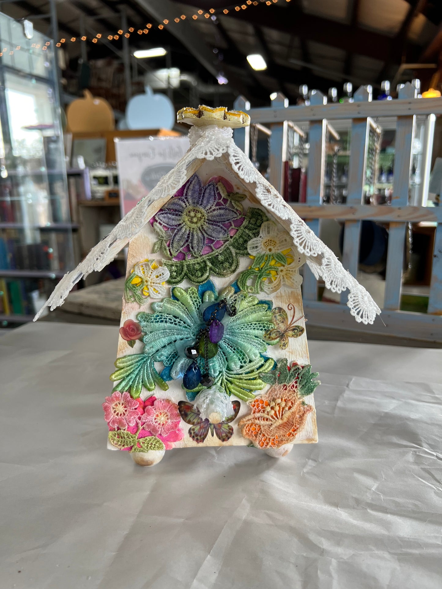 Handcrafted Wooden Birdhouse with Lace and Florals