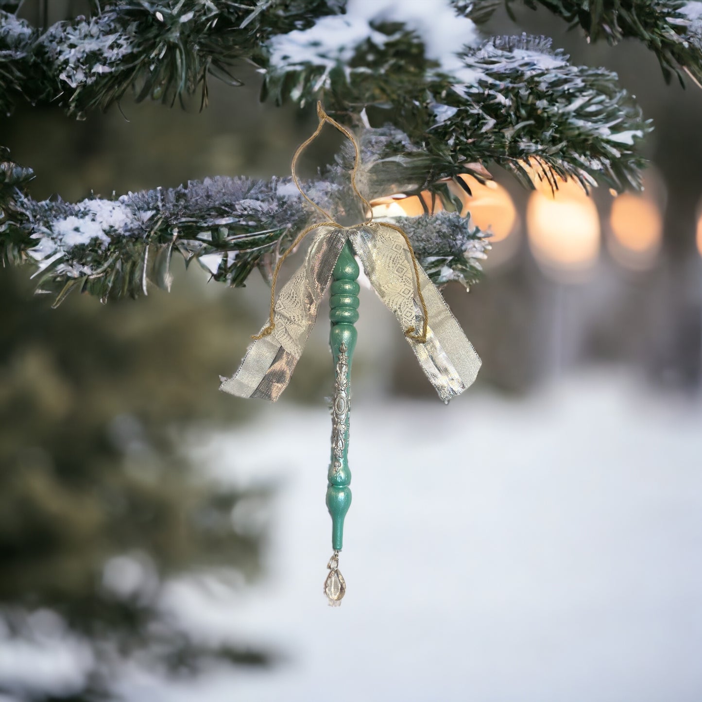 Handcrafted Wooden Jadeite inspired Spindle Ornament Suncatcher