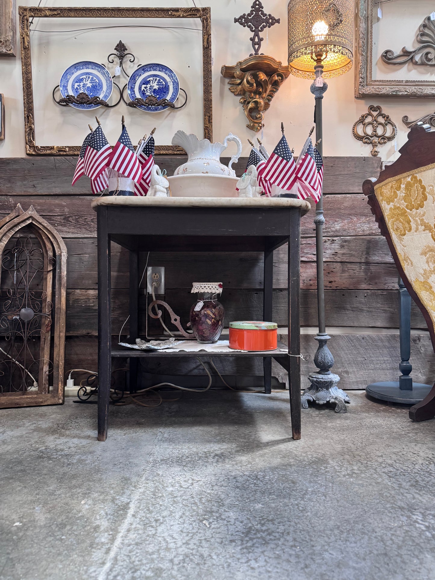 Antique Dark Wood Italian Marble Top Table With Undershelf