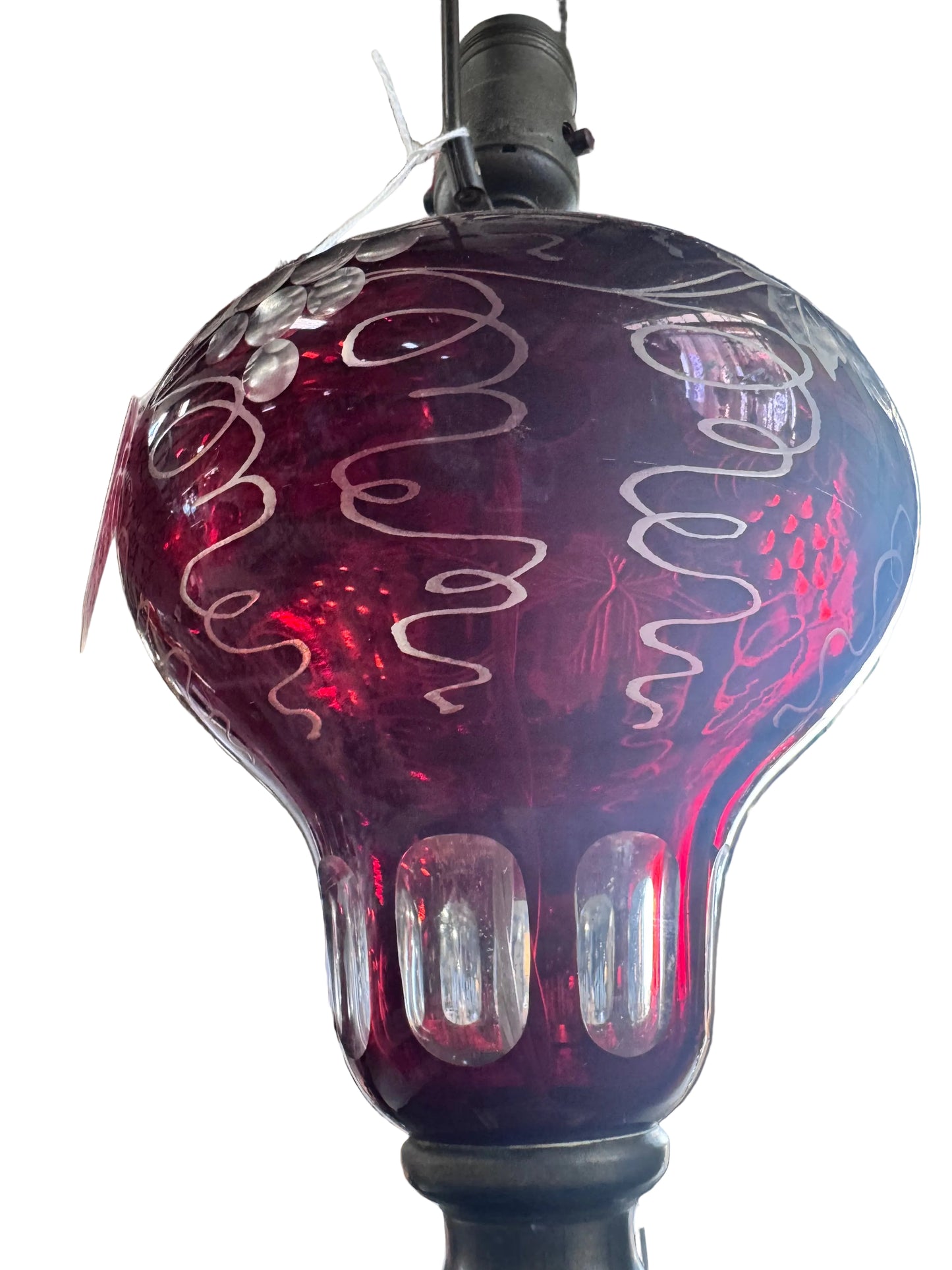 Antique Table Lamp Ruby Red Cut to Clear with Marble and Bronze Base
