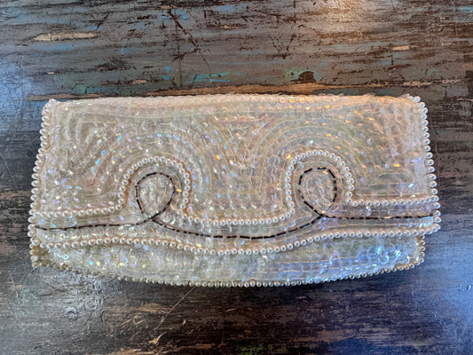 Vintage Ivory Sequin Clutch w/ White and Champagne Pearls