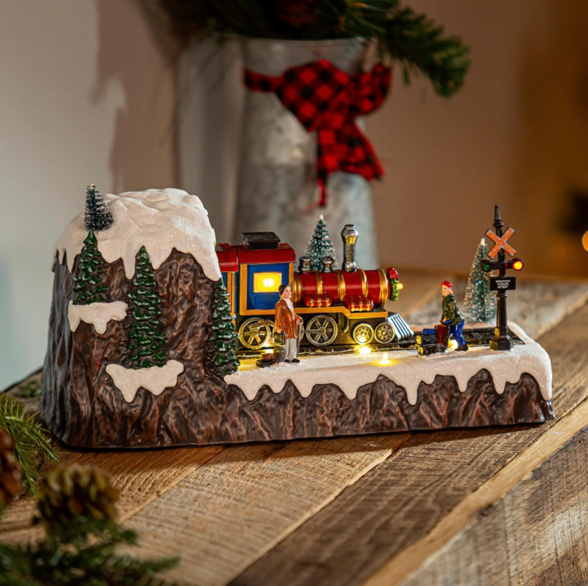 LED Christmas Scene with Moving Train and Music Table Decor