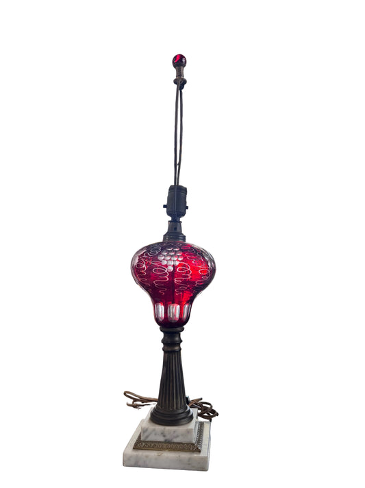 Antique Table Lamp Ruby Red Cut to Clear with Marble and Bronze Base