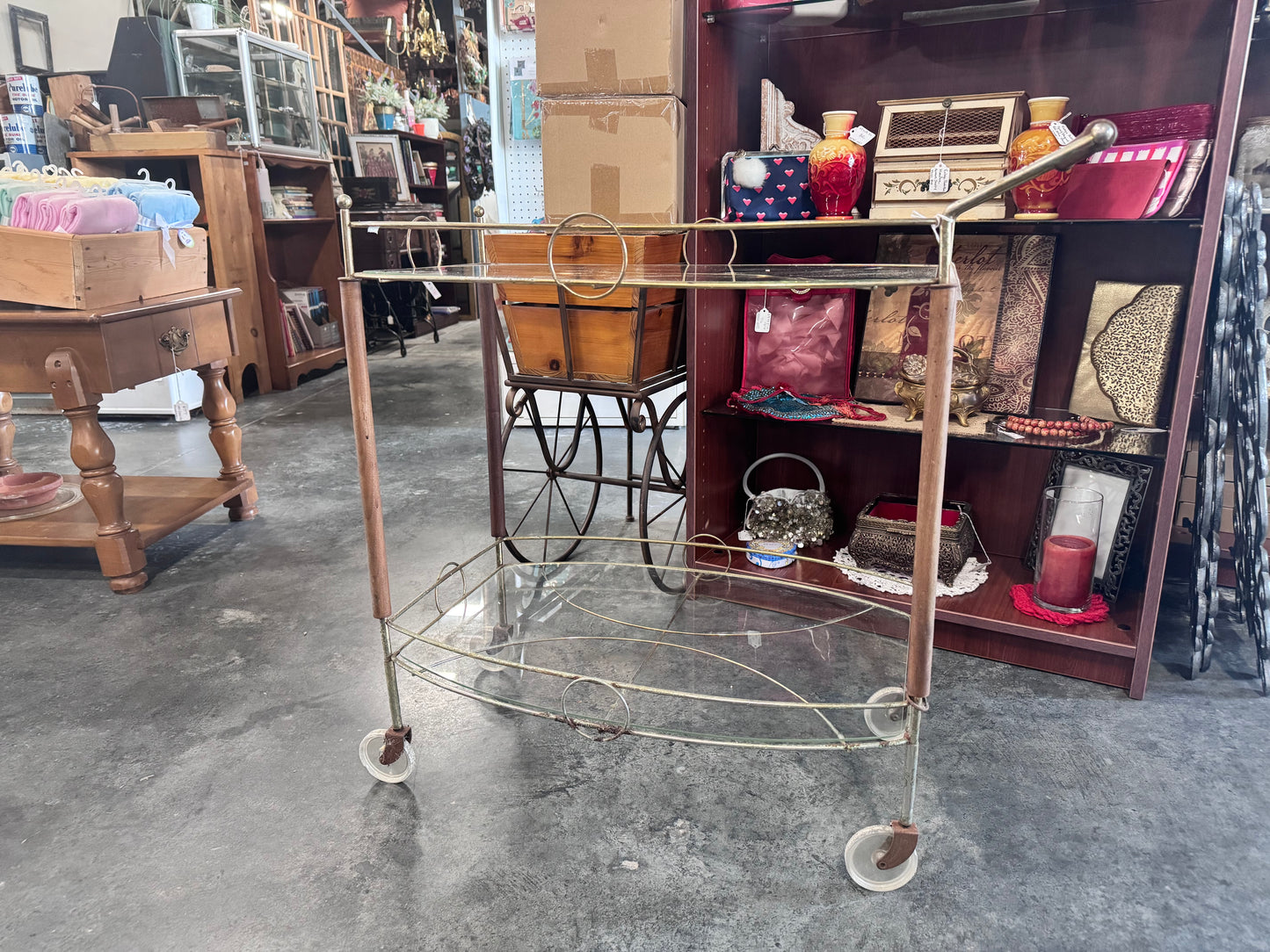 Mid Century Modern Glass & Wood Bar Cart