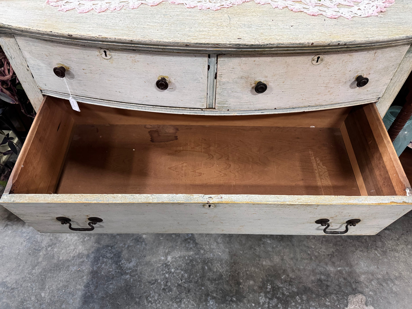 Antique White Bow Front Dresser and Mirror