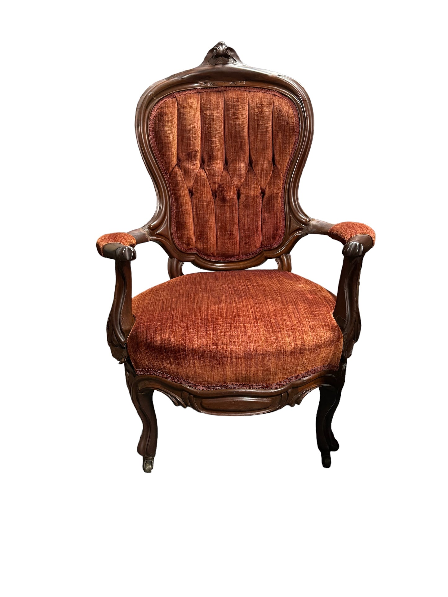 Handcarved Rosewood Velvet Upholstered Armchair