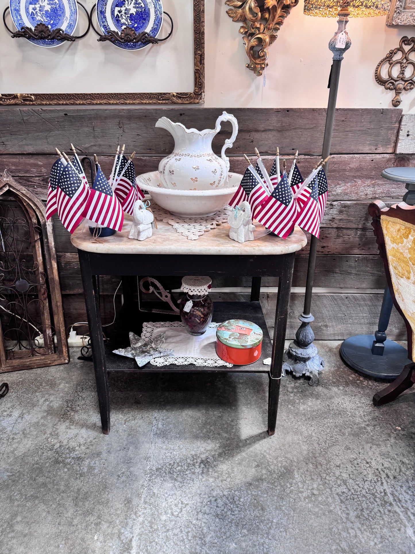 Antique Dark Wood Italian Marble Top Table With Undershelf