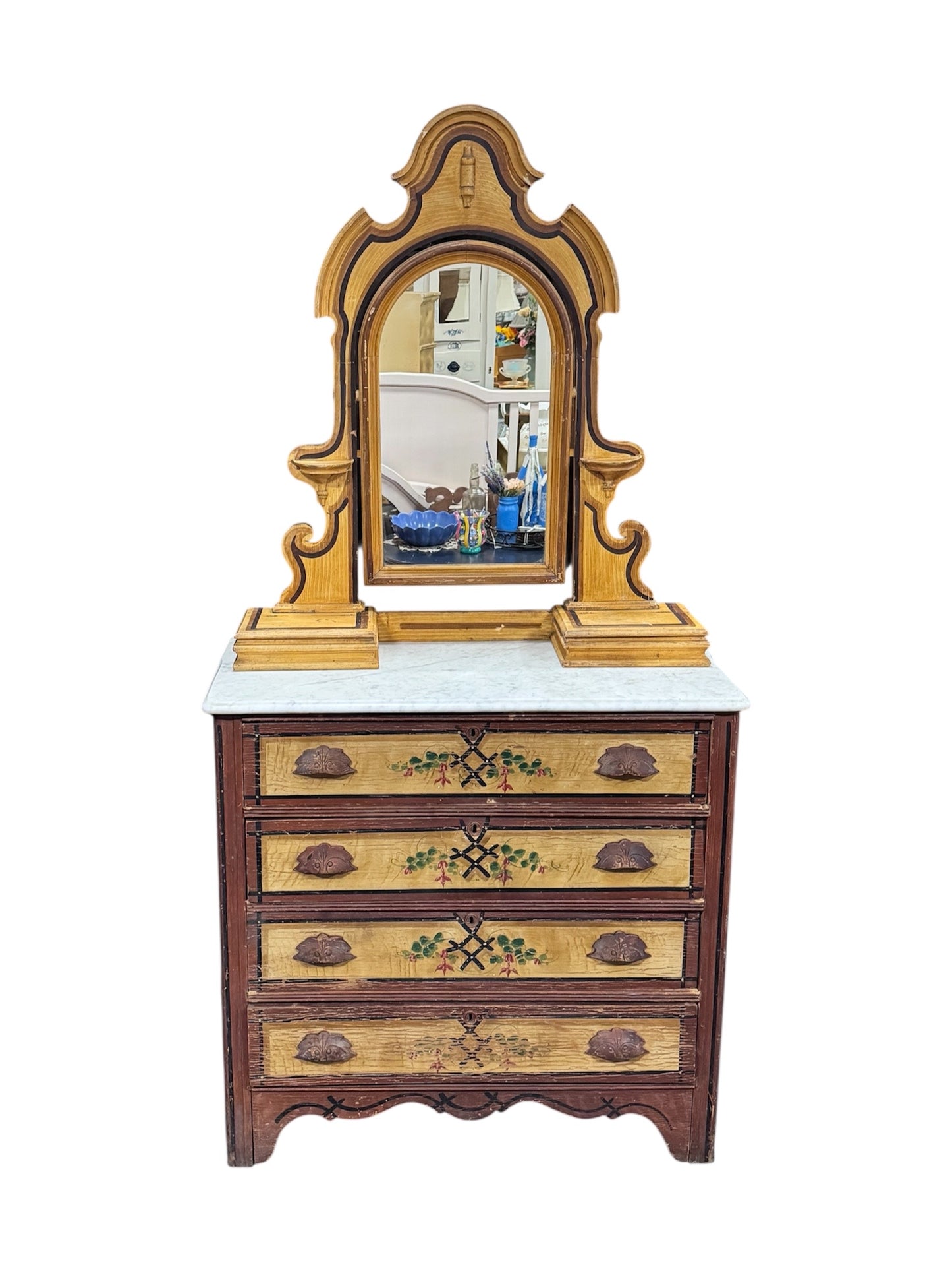 Vintage Cottage Style Painted Dresser with Marble Top & Mirror
