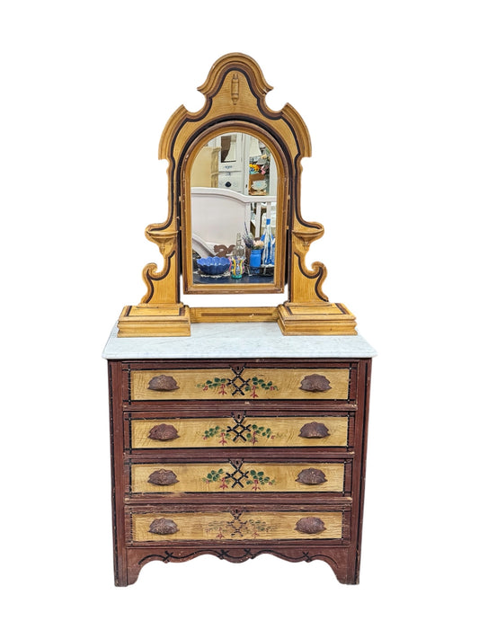 Vintage Cottage Style Painted Dresser with Marble Top & Mirror