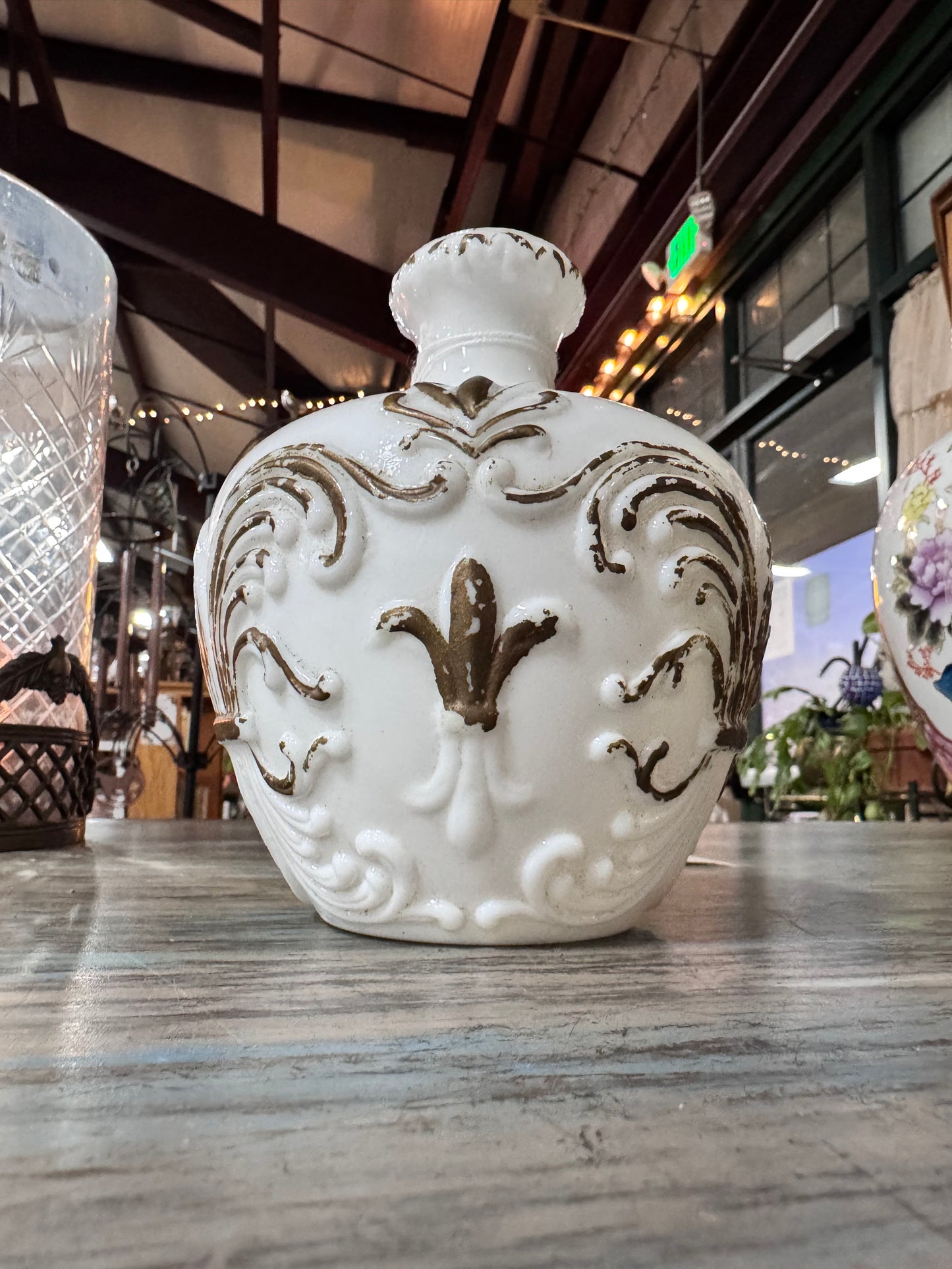 Vintage Milk Glass Vanity Bottle/Vase Fleur de Lis Design