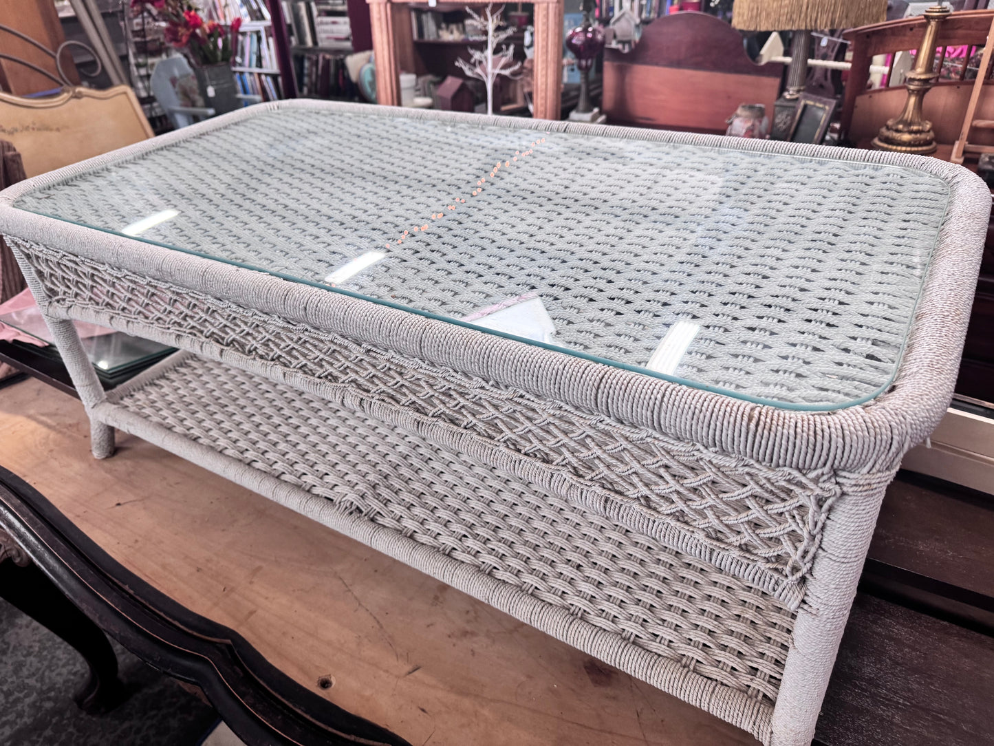 Vintage White Wicker Coffee Table
