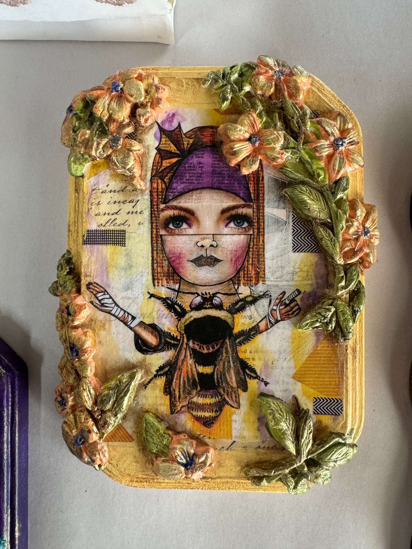 Boho " Lady Bee" Floral Wall Art Hangar in Yellows by local artist, Glitter & Gold