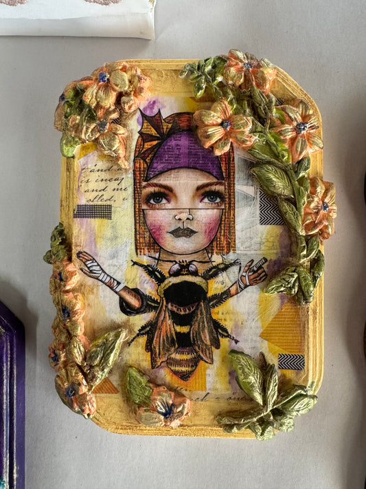 Boho " Lady Bee" Floral Wall Art Hangar in Yellows by local artist, Glitter & Gold