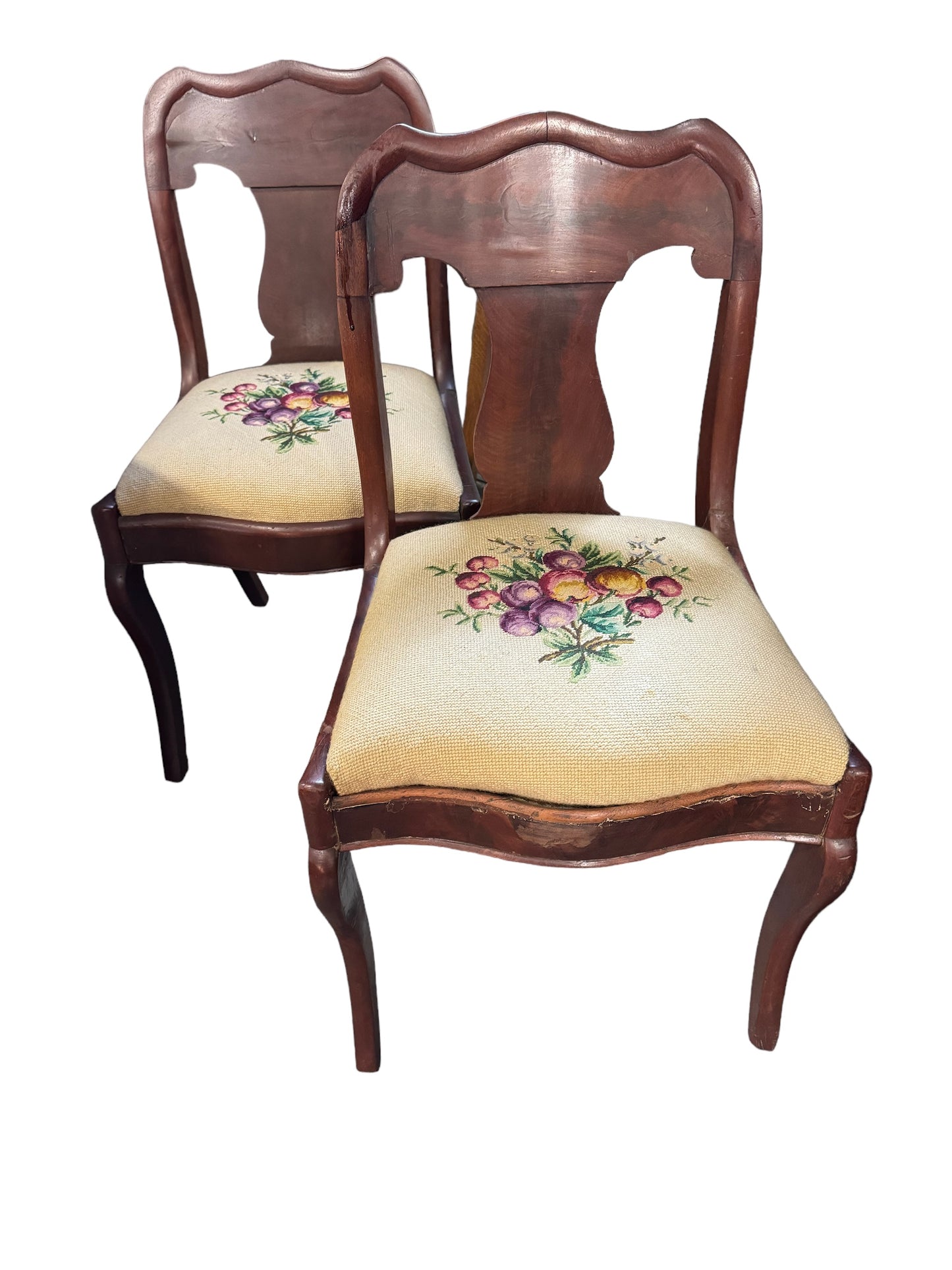 Flame Mahogany Fiddleback Chairs Needlework Upholstered Seats