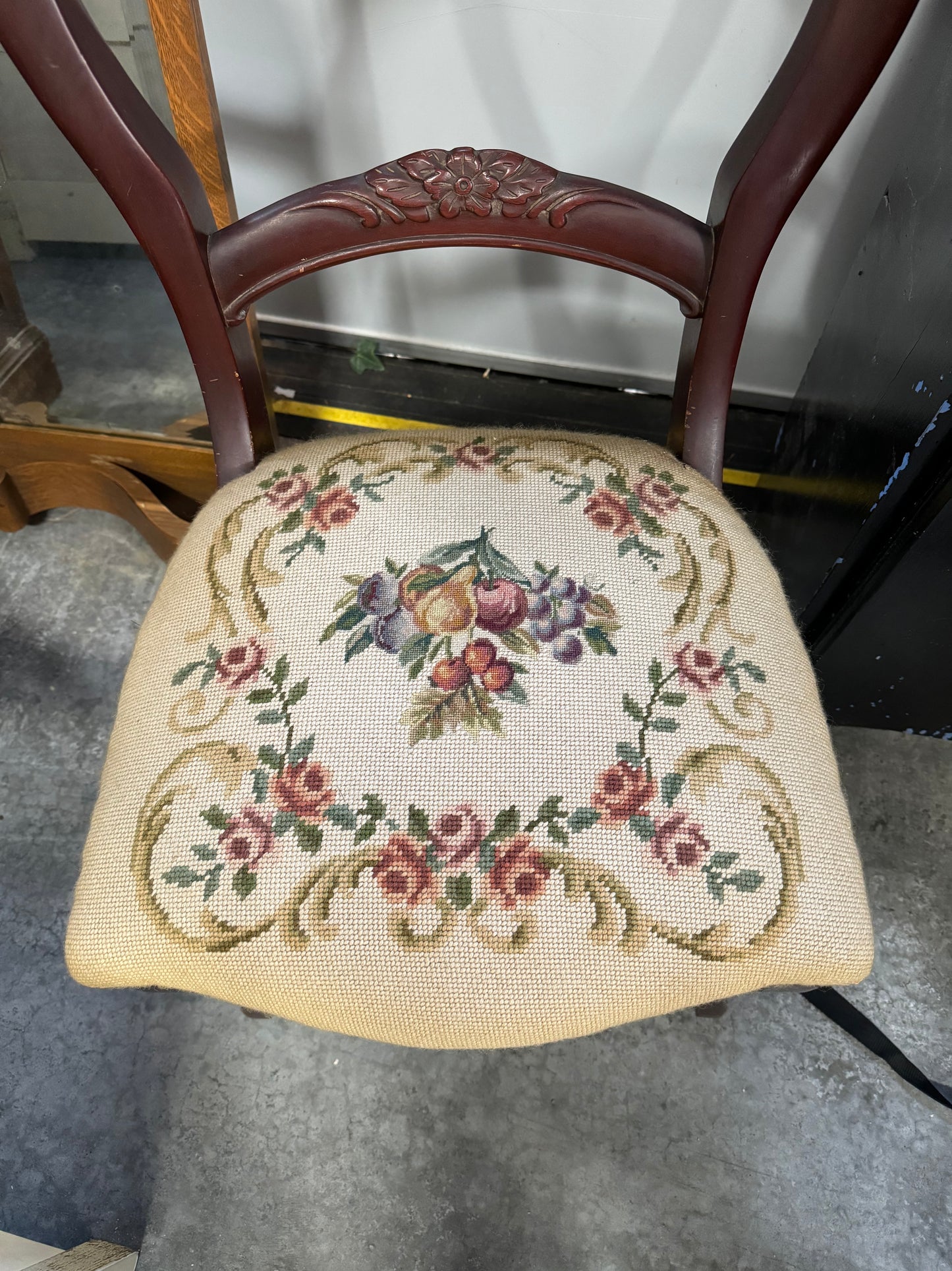 Carved Rosewood Chair Needlework Upholstered Seat