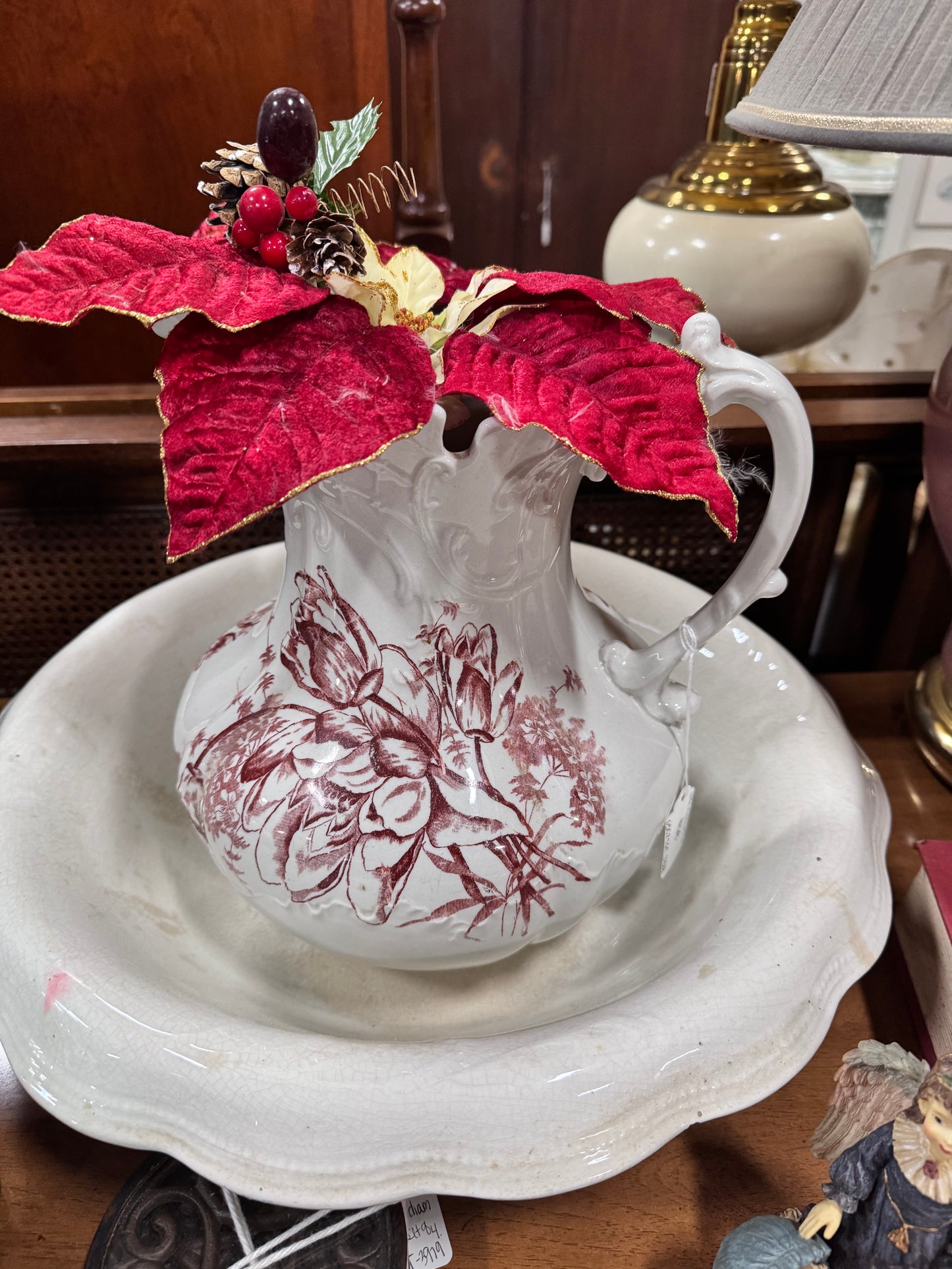 Vintage  Burgundy Floral Large Water Pitcher