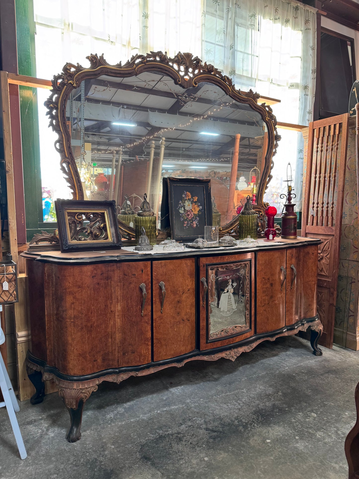 Vintage Art Deco Rococco Revival Style Sideboard and Mirror Set