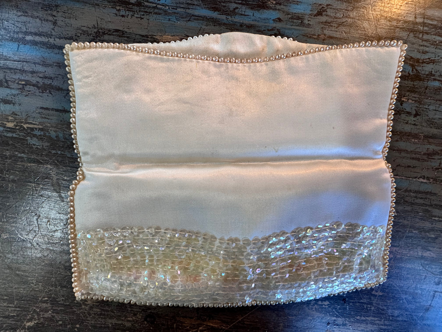 Vintage Ivory Sequin Clutch w/ White and Champagne Pearls