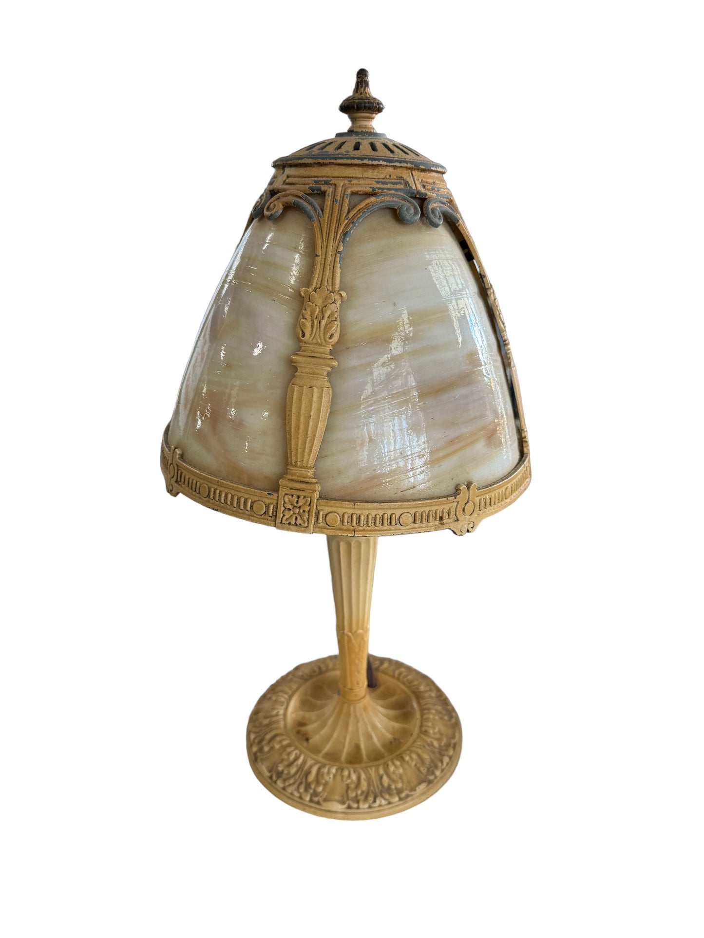 Early Century Oval Shade 4-panel Slag Glass Boudoir Lamp