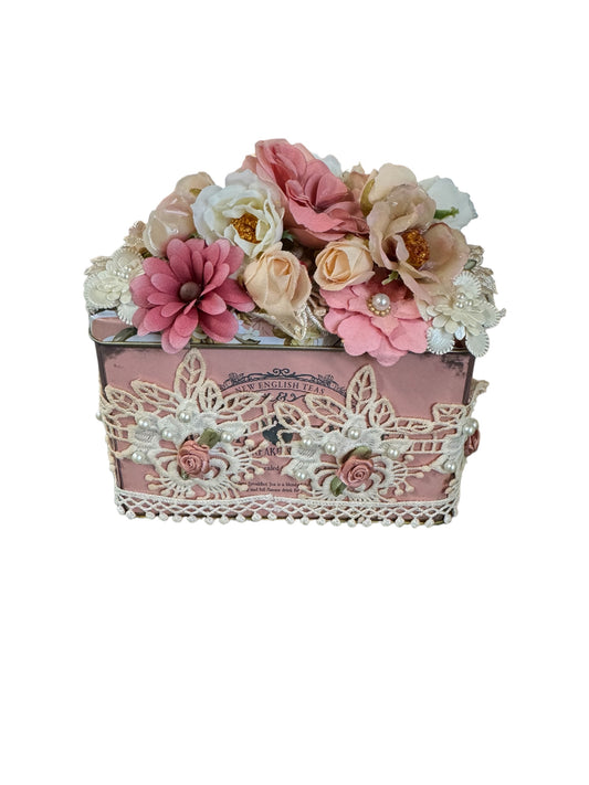 Upcycled Tea Tin - Pink and Cream Florals, Lace and Pearls