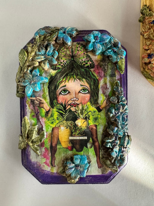 Boho "Green is Life"  Lady Planter Butterflies & Florals in Purple & Blues Wall Hangar Art by local artist, Glitter & Gold